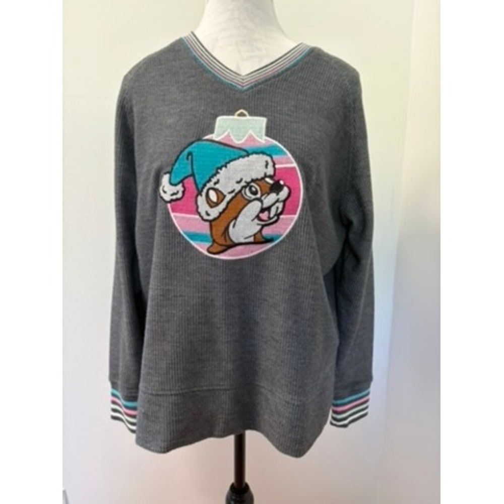 Buc-ee's Christmas Beaver Ornament Waffle Knit Thermal Top Gray Small